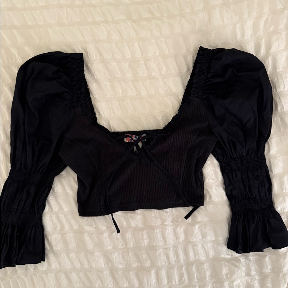 Urban Outfitters Black Crop Blouse with Puffed Sleeves